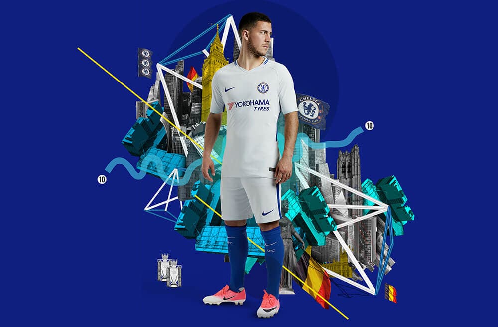 Eden Hazard in the 2017-18 Nike Chelsea Away Jersey
