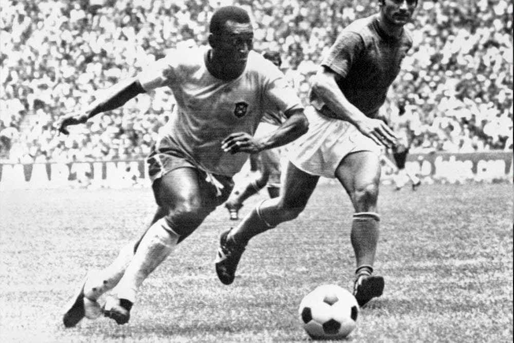 Brazil star Pele competes with the adidas Telstar at the 1970 FIFA World Cup.