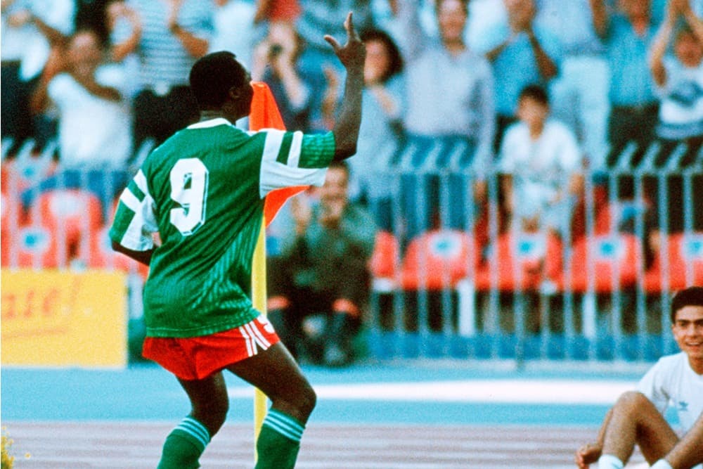 Roger Milla dances during a goal celebration in the 1990 World Cup.