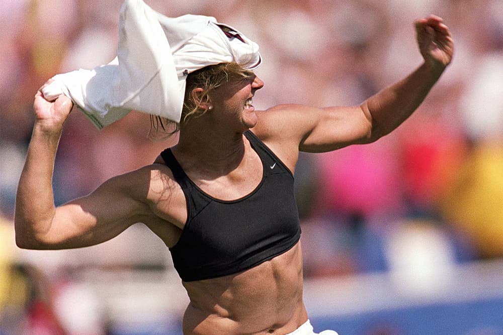 Brandi Chastain celebrates the 1999 Women's World Cup victory.
