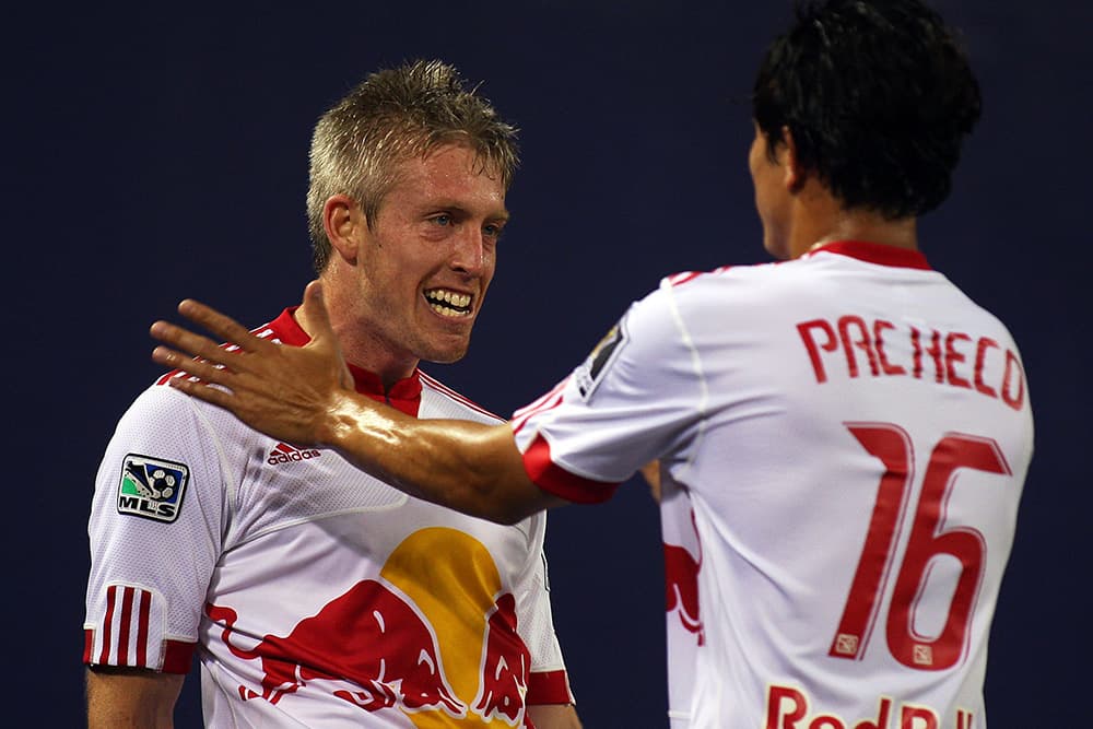 John Wolyniec celebrates a goal for the New York Red Bulls.