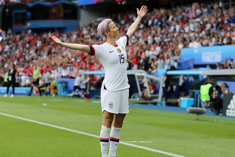 Megan Rapinoe strikes her famous pose after scoring in the 2019 Women's World Cup in France.
