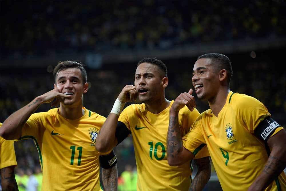 Philippe Coutinho, Neymar Jr. and Gabriel Jesus of Brazil