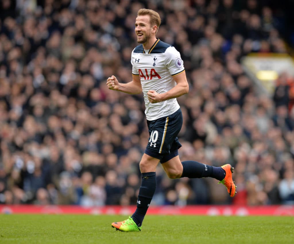 Tottenham Hotspur's English striker Harry Kane celebrates scoring his third goal to complete his hattrick during the English Premier League football match between Tottenham Hotspur and Stoke City at White Hart Lane in London, on February 26, 2017. / AFP / OLLY GREENWOOD / RESTRICTED TO EDITORIAL USE. No use with unauthorized audio, video, data, fixture lists, club/league logos or 'live' services. Online in-match use limited to 75 images, no video emulation. No use in betting, games or single club/league/player publications. / (Photo credit should read OLLY GREENWOOD/AFP/Getty Images)