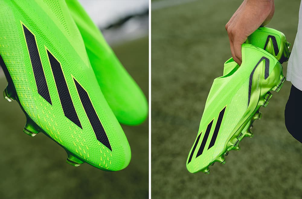 Close up images show upper details of the adidas X Speedportal soccer cleats