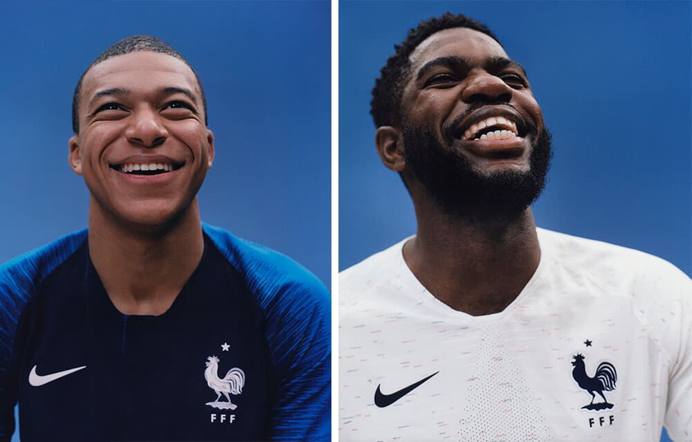 Kylian Mbappe and Samuel Umtiti in the 2018 Nike France home and away jerseys