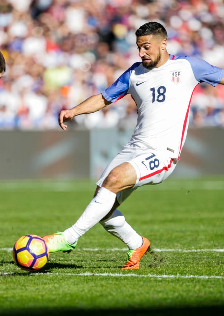 SAN DIEGO, CA - JANUARY 29: Sebastian Lietget #18 of the United States dribbles the ball against Serbia in the second half of the match at Qualcomm Stadium on January 29, 2017 in San Diego, California. (Photo by Kent Horner/Getty Images)