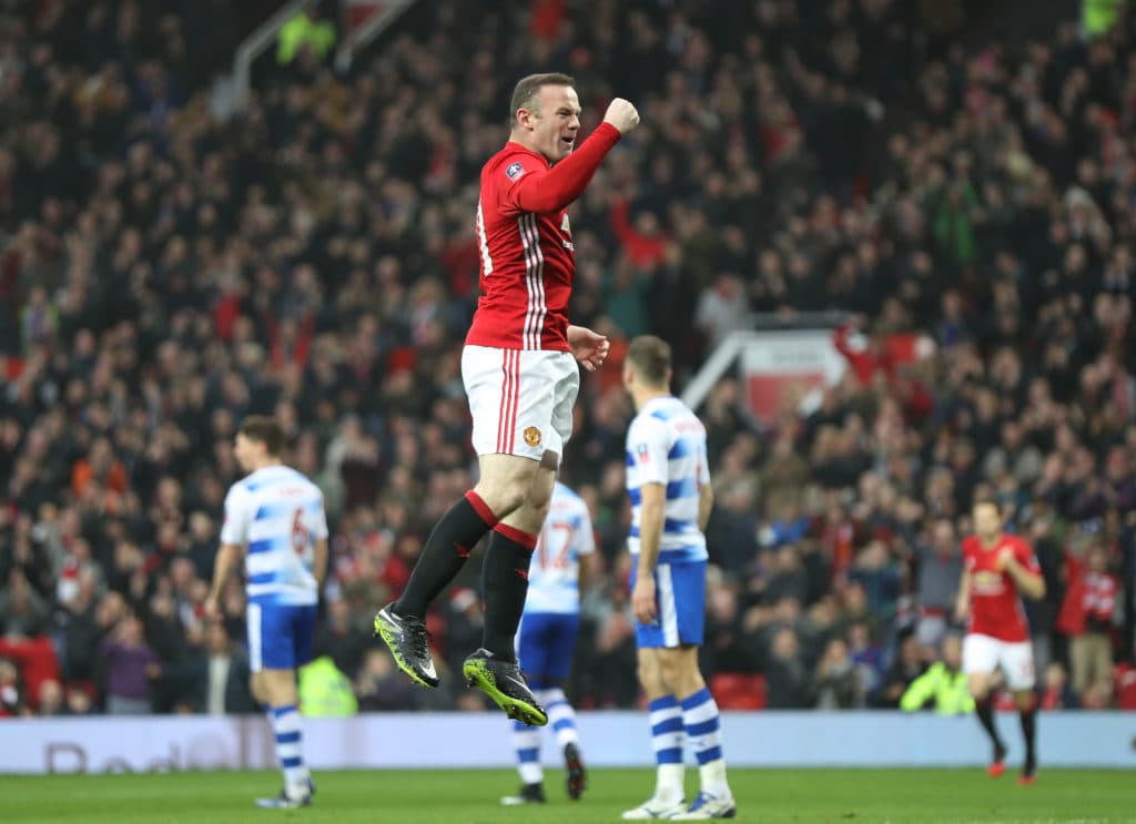 MANCHESTER, ENGLAND - JANUARY 07: Wayne Rooney of Manchester United celebrates as he scores his first sides first goal during the Emirates FA Cup third round match between Manchester United and Reading at Old Trafford on January 7, 2017 in Manchester, England. (Photo by Mark Thompson/Getty Images)