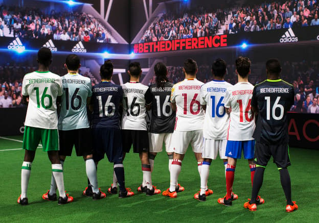 PARIS, FRANCE - NOVEMBER 12: Creators reveal the adidas away kits for the UEFA 2016 Euro Championship(TM) at the World's first digital stadium, The Future Arena on November 12, 2015 in Paris, France. (Photo by Adam Pretty/Getty Images)