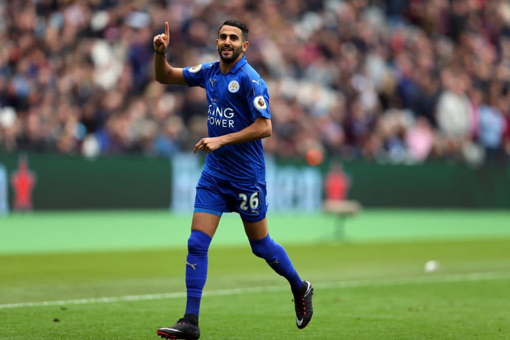STRATFORD, ENGLAND - MARCH 18: Riyad Mahrez of Leicester City celebrates after scoring to make it 0-1 during the Premier League match between West Ham United and Leicester City at London Stadium on March 18, 2017 in Stratford, England. (Photo by Catherine Ivill - AMA/Getty Images)