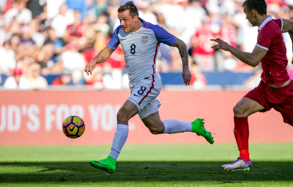 SAN DIEGO, CA - JANUARY 29: Jordan Morris #8 of the United States controls the ball against Serbia in the second half of the match at Qualcomm Stadium on January 29, 2017 in San Diego, California. (Photo by Kent Horner/Getty Images)
