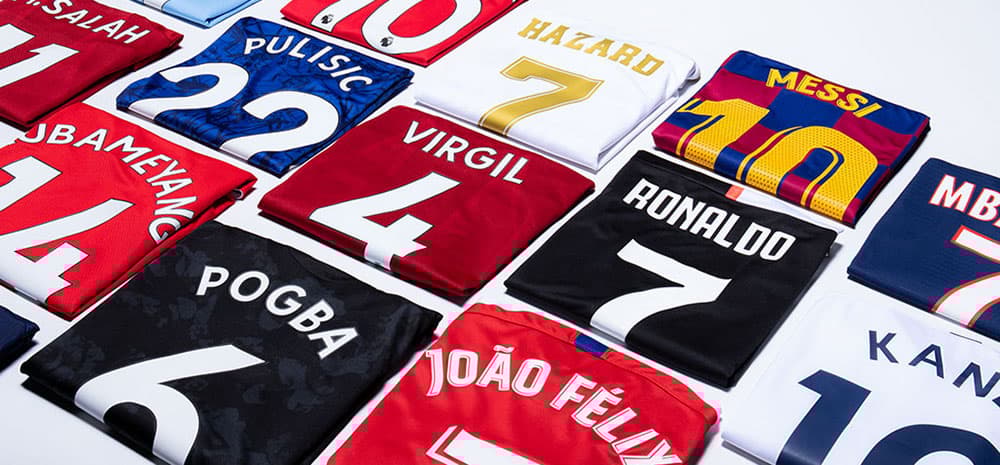 Soccer jerseys with official player names and numbers