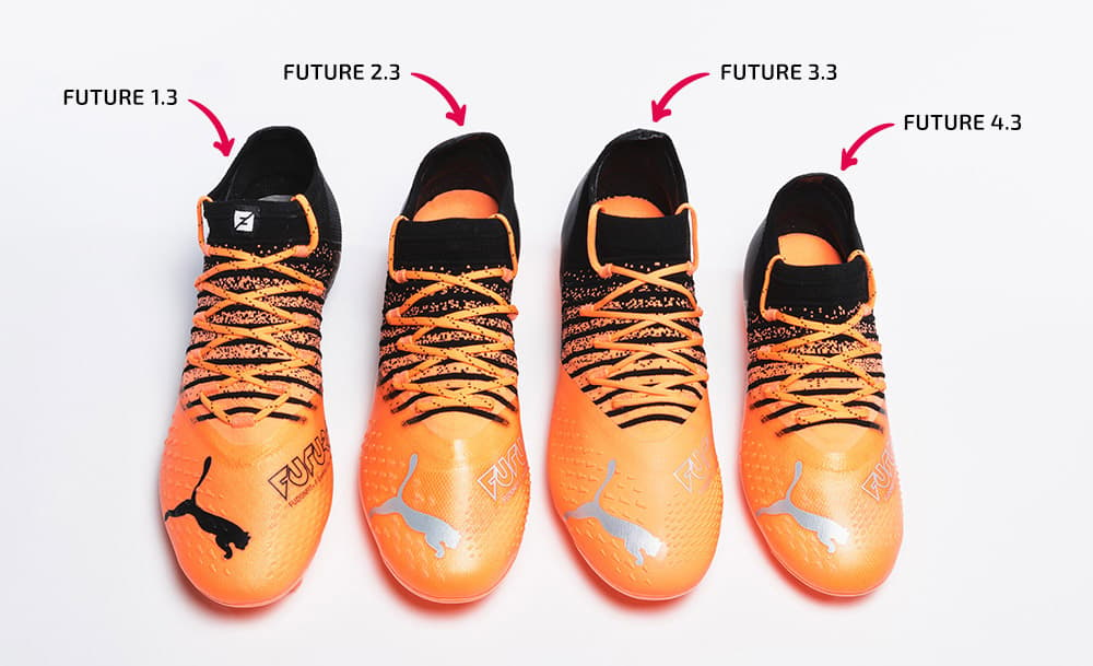An overhead showing the different uppers of four PUMA Future soccer cleat price points