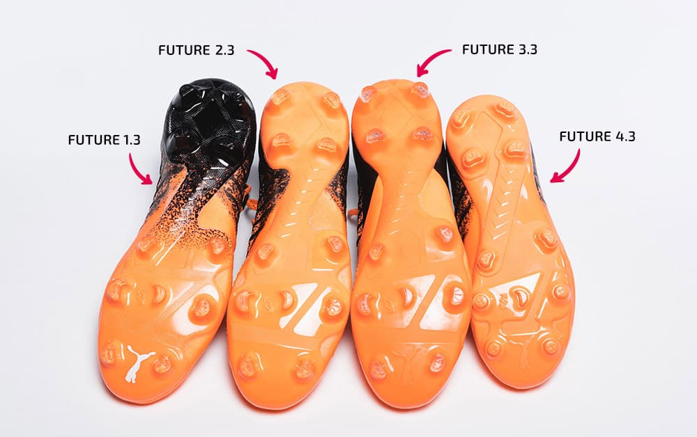An overhead showing the different outsoles of four PUMA Future soccer cleat price points