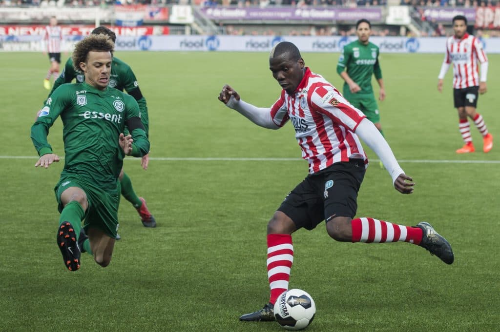 (L-R) Desevio Payne of FC Groningen, Mathias Pogba of Sparta Rotterdamduring the Dutch Eredivisie match between Sparta Rotterdam and FC Groningen at the Sparta stadium Het Kasteel on February 19, 2017 in Rotterdam, The Netherlands(Photo by VI Images via Getty Images)