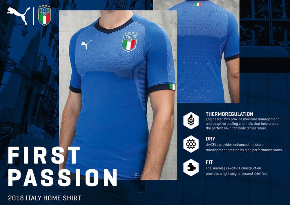 Technical details of the 2018 PUMA Italy Home Jersey