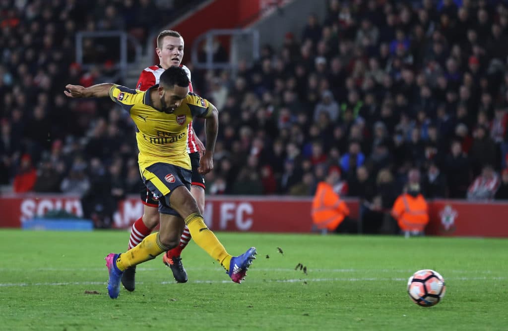 SOUTHAMPTON, ENGLAND - JANUARY 28: Theo Walcott of Arsenal scores his third and his sides fifth goal during the Emirates FA Cup Fourth Round match between Southampton and Arsenal at St Mary's Stadium on January 28, 2017 in Southampton, England. (Photo by Bryn Lennon/Getty Images)