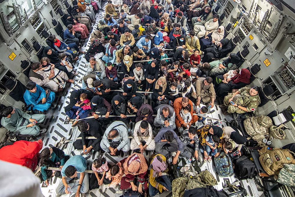 In this handout image provided by the Ministry of Defense, a full flight of 265 people are evacuated out of Kabul.