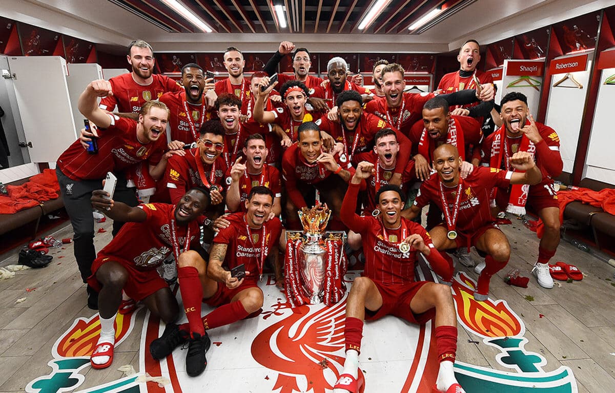 Liverpool FC players celebrate winning the 2019-20 Premier League