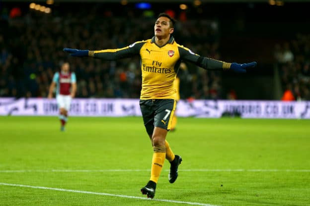 LONDON, ENGLAND - DECEMBER 03: Alexis Sanchez of Arsenal celebrates after scoring his team's third goal during the Premier League match between West Ham United and Arsenal at London Stadium on December 3, 2016 in London, England. (Photo by Jordan Mansfield/Getty Images)
