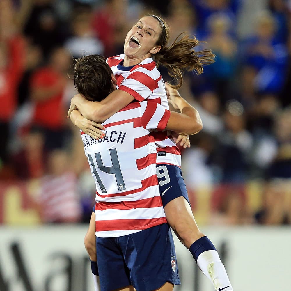 Heather O'Reilly celebrates her goal against Australia with Abby Wambach at Dick's Sporting Goods Park on September 19, 2012 in Commerce City, Colorado.
