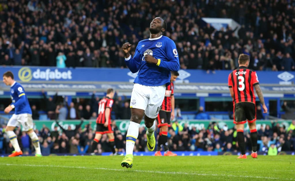 LIVERPOOL, ENGLAND - FEBRUARY 04: Romelu Lukaku of Everton celebrates scoring his sides fourth goal during the Premier League match between Everton and AFC Bournemouth at Goodison Park on February 4, 2017 in Liverpool, England. (Photo by Alex Livesey/Getty Images)