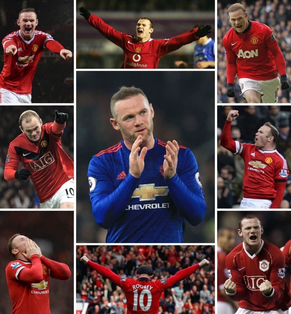 A combination of pictures created in London on January 21, 2017 shows Manchester United's English striker Wayne Rooney celebrating scoring (clockwise from top L) against Swansea City at Old Trafford on January 2, 2016, Birmingham City at St Andrews on December 28, 2005, Tottenham Hotspur at White Hart Lane on December 1, 2013, Newcastle United at St James' Park on January 12, 2016, Portsmouth at Old Trafford January 27, 2007, Crystal Palace at Old Trafford on September 14, 2013, Aston Villa at Old Trafford on April 4, 2015, Wigan Athletic at Old Trafford on December 30, 2009 and Wayne Rooney (C) applauding at the end of the match after earning United a late 1-1 draw by scoring his 250th goal for the club against Stoke City at the BET365 stadium in Stoke-on-Trent on January 21, 2017. Wayne Rooney became Manchester United's all-time leading goal-scorer on January 21, 2017 when he netted his 250th goal for the club against Stoke City. / AFP / RESTRICTED TO EDITORIAL USE. No use with unauthorized audio, video, data, fixture lists, club/league logos or 'live' services. Online in-match use limited to 75 images, no video emulation. No use in betting, games or single club/league/player publications. / (Photo credit should read OLI SCARFF,ADRIAN DENNIS,IAN KINGTON,ANDREW YATES,LINDSEY PARNABY/AFP/Getty Images)