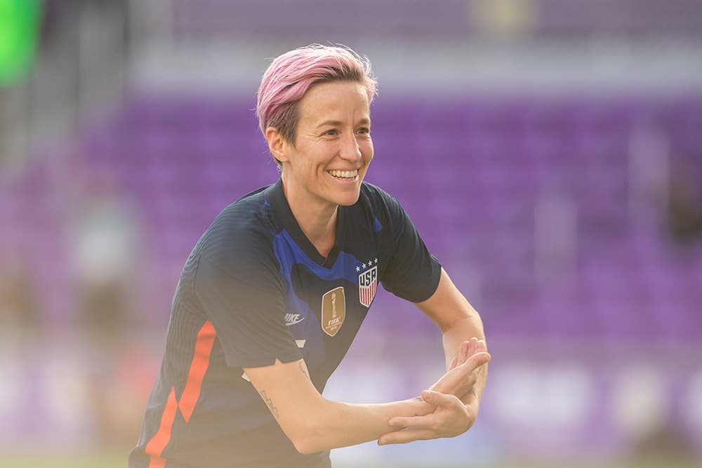 Megan Rapinoe celebrates a goal in the 2021 SheBelieves Cup.