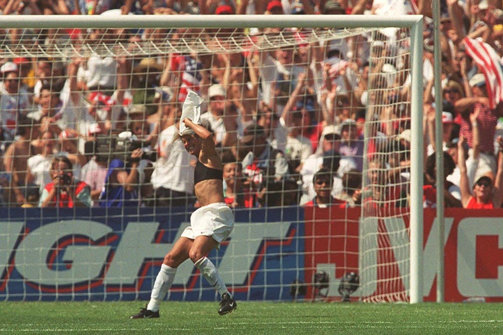 Brandi Chastain celebrates her iconic 1999 World Cup winning goal